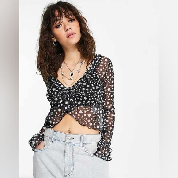Free People Marne Sheer Stars Top In Black Size Medium - Picture 1 of 7